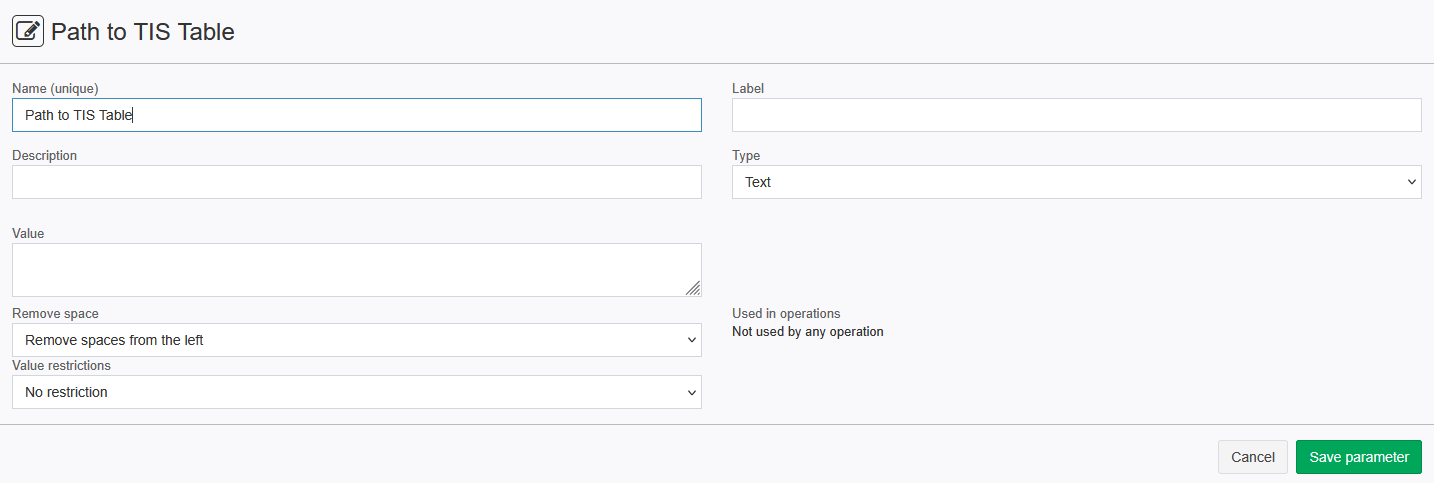 Parameter definition dialog